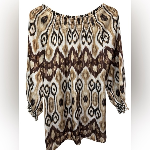 Chico's Women's Beige Brown Tan Aztec Print 3/4 Sleeve Tunic Top - Picture 2 of 6